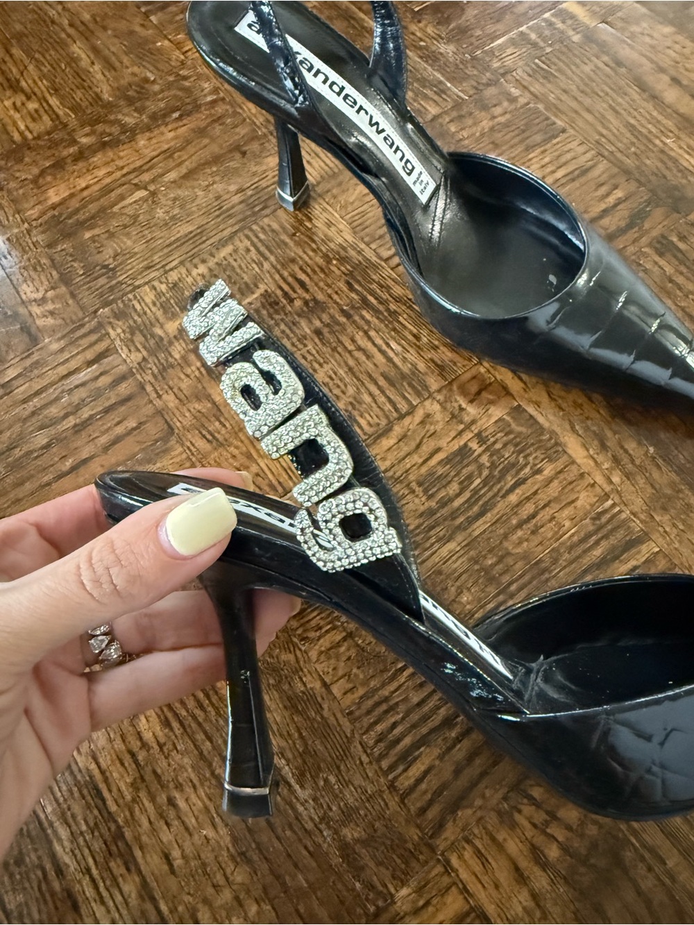 Alexander Wang Black Patent Croc-Embossed Slingback Heels with Crystal Strap - Picture 4 of 7